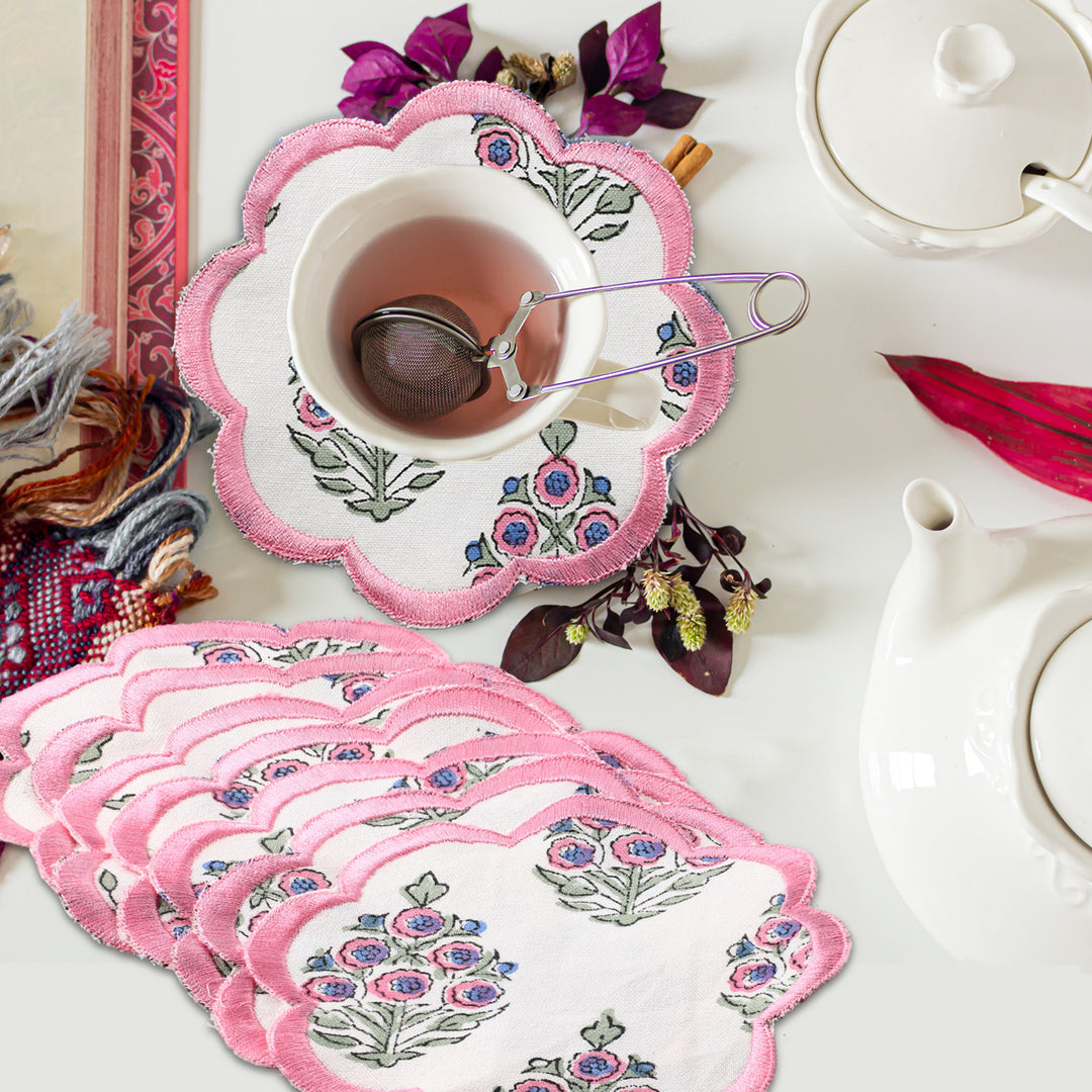 Hand Block Printed Ruddy Blue, Pink, and Green Coasters Product Image 1