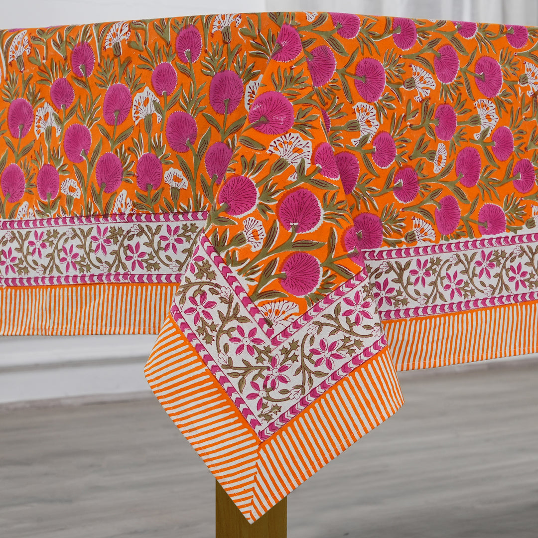 Hand block printed Tangerine Orange, Bubblegum Pink tablelcoth - The Fabricrush - Image 1