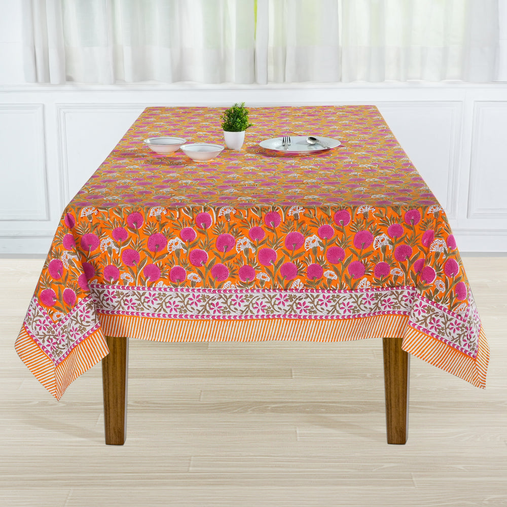 Handblock printed Tangerine Orange, Bubblegum Pink tablelcoth - The Fabricrush - Image 2