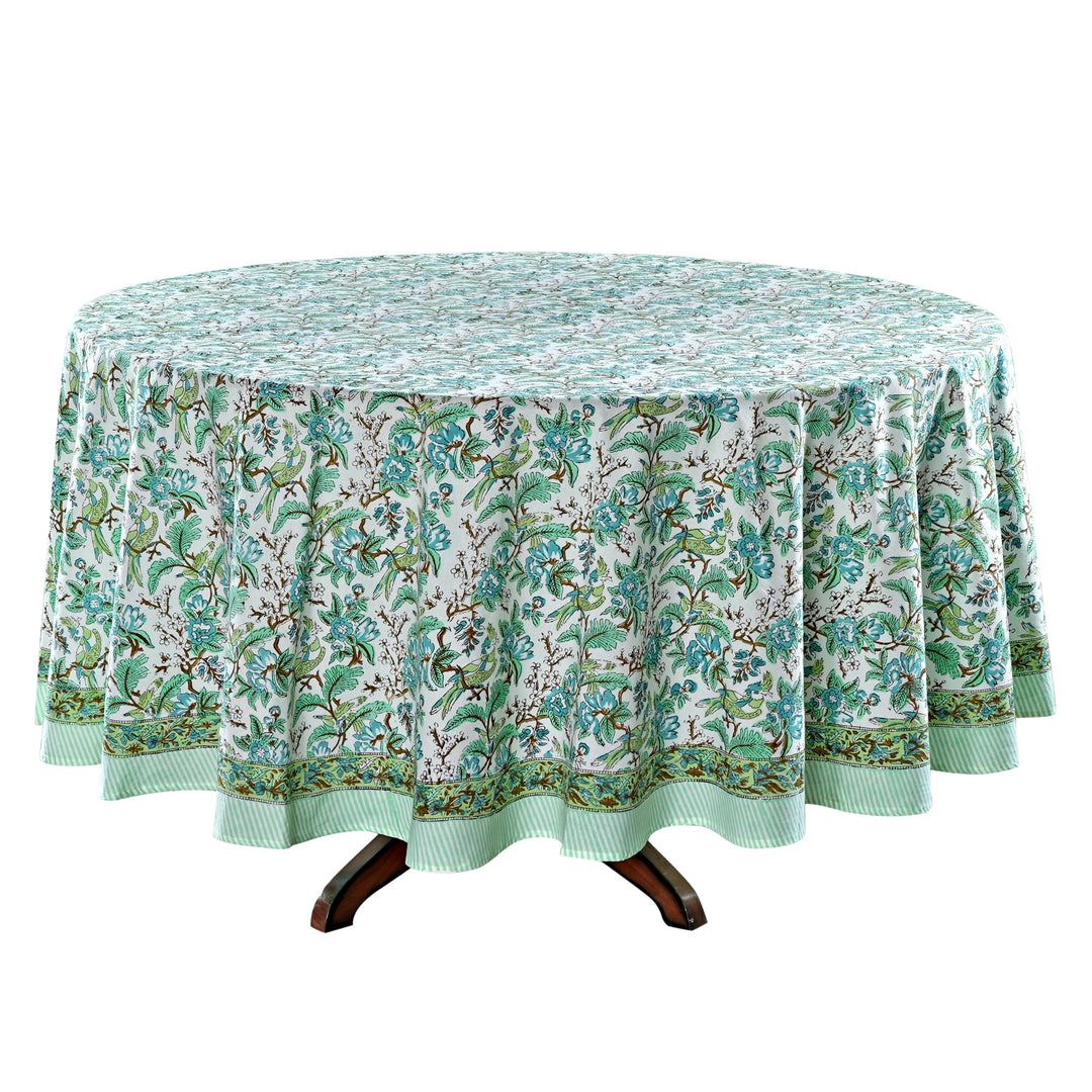 Hand block printed Russian Green, Peanut Brown Round tablelcoth - The Fabricrush - Image 1