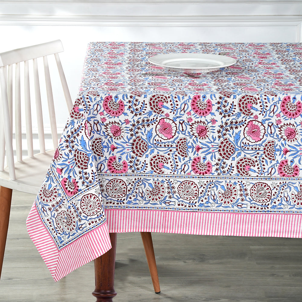 Hand block printed Pigeon Blue and flamingo pink tablelcoth - The Fabricrush - Image 2