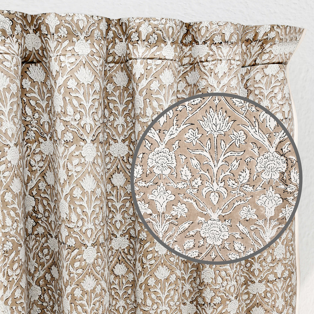 Hand Block Printed Taupe Floral Cotton Curtains Product Image 6 - The Fabricrush