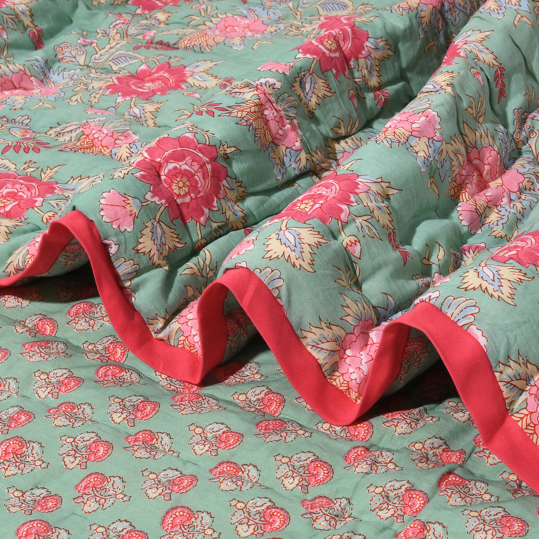 Hand Block Printed Soft Green Color Cotton Quilt Product Image 2