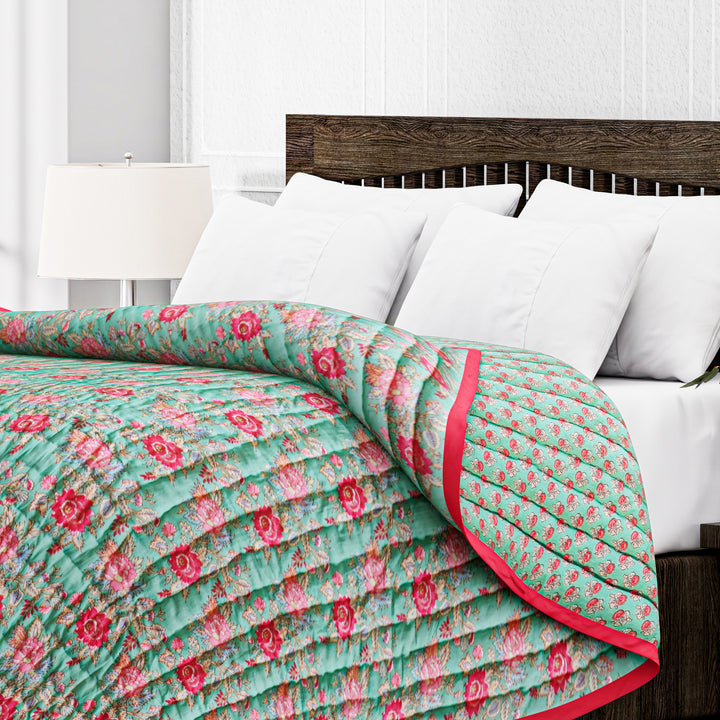 Hand Block Printed Soft Green Color Cotton Quilt Product Image 3