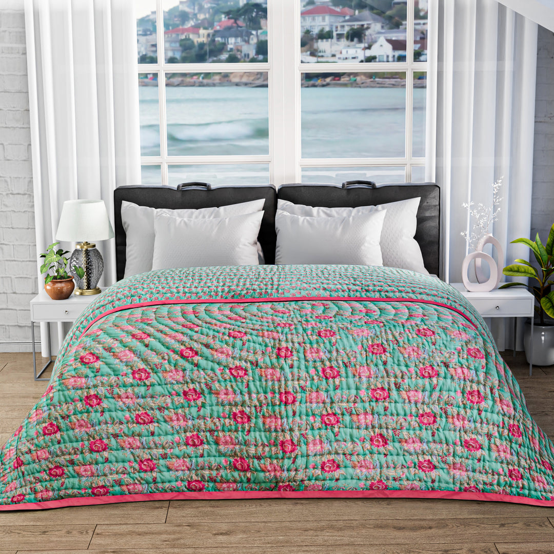 Hand Block Printed Soft Green Color Cotton Quilt Product Image 1