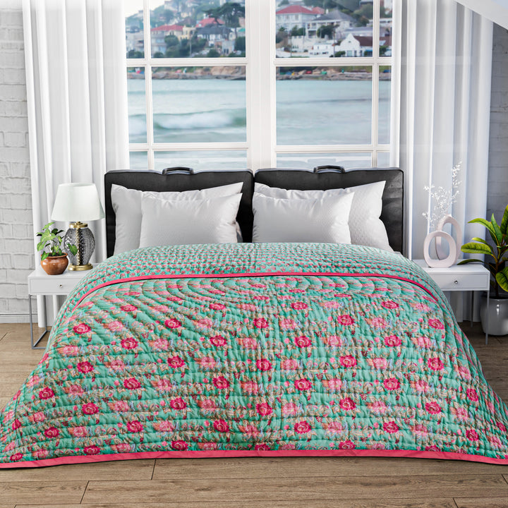 Hand Block Printed Soft Green Color Cotton Quilt Product Image 1