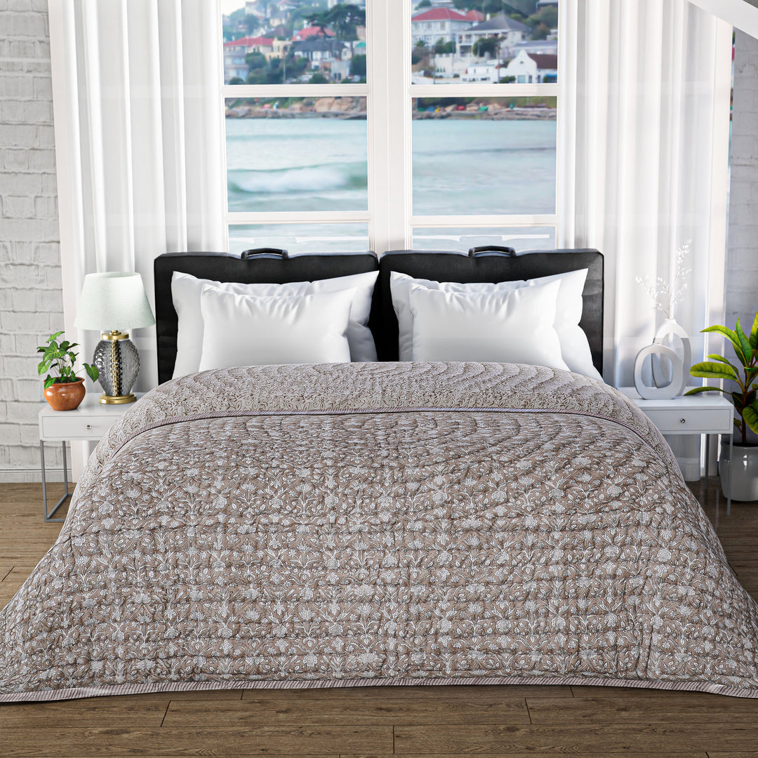 Hand Block Printed Taupe Color Cotton Quilt Product Image 1