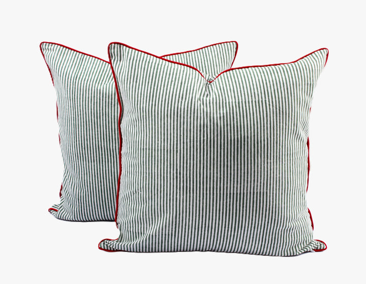 Green Stripes with Red Piping Throw Pillow Cover