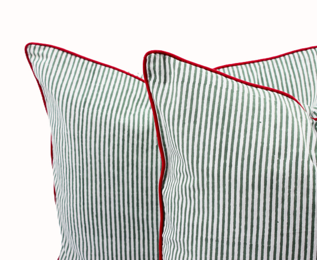 Green Stripes with Red Piping Throw Pillow Cover