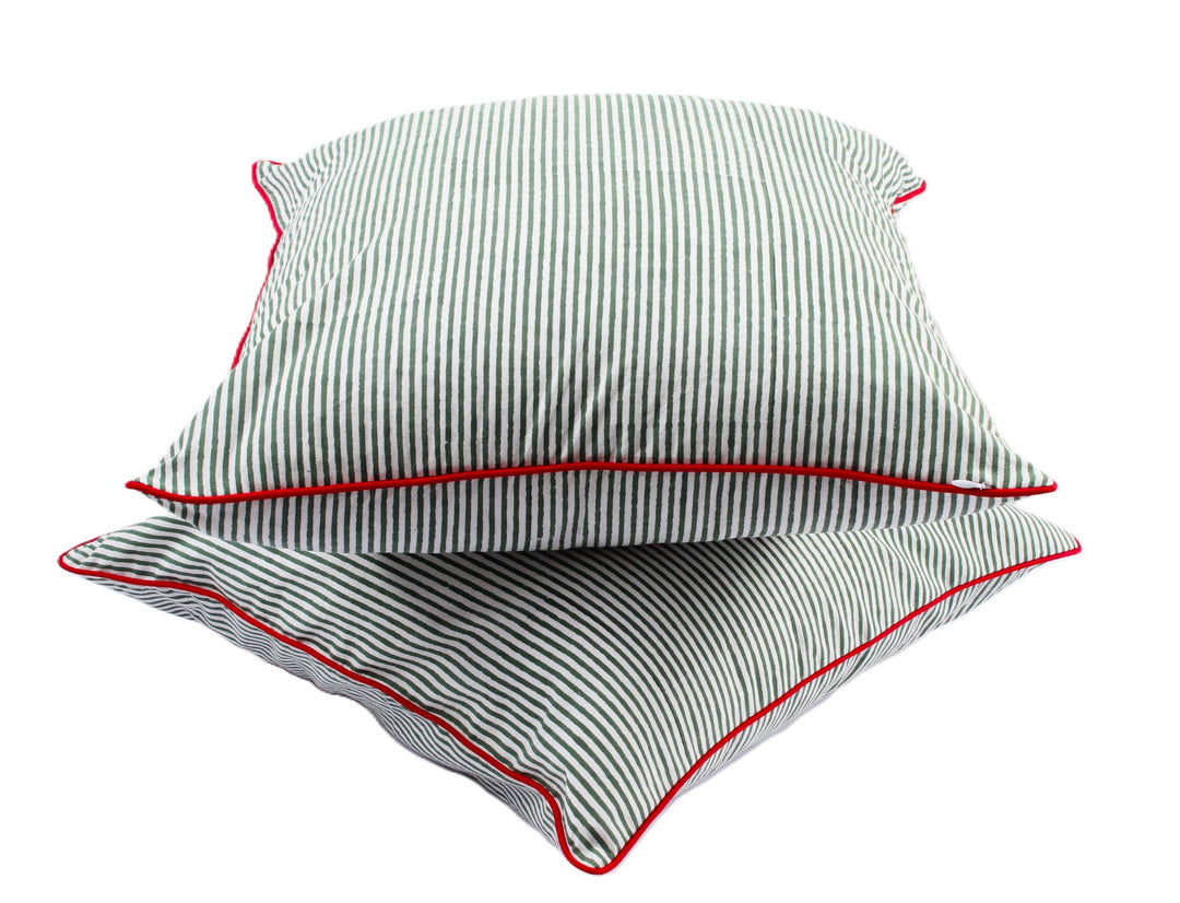 Green Stripes with Red Piping Throw Pillow Cover