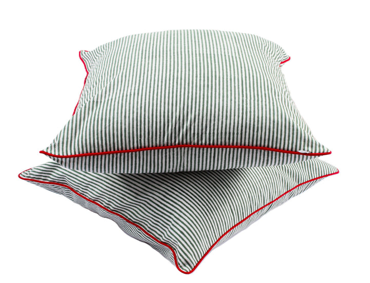 Green Stripes with Red Piping Throw Pillow Cover