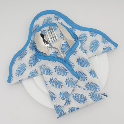 Fabricrush Cerulean Blue Leaf Print Indian Hand Block Cotton Cloth Piping Napkins, Wedding Home Party Event Picnic Restaurant Gifts, Tea 20x20" Dinner