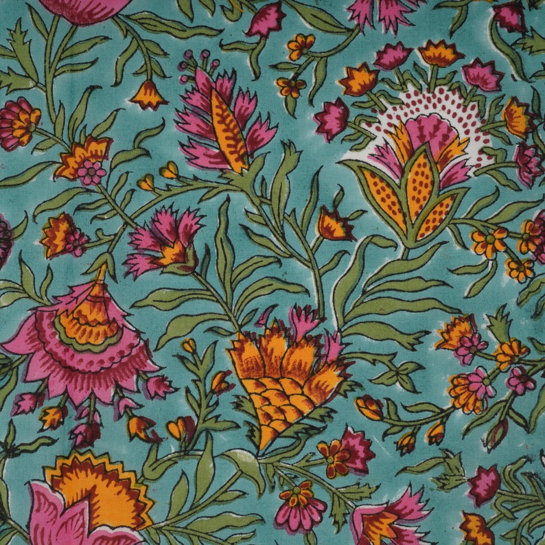 Fabricrush Turkish Blue, Fern Green, Golden Yellow Indian Hand Block Floral Printed Cotton Piping Napkins, Wedding Home Garden Outdoor, 20x20"- Dinner Napkins
