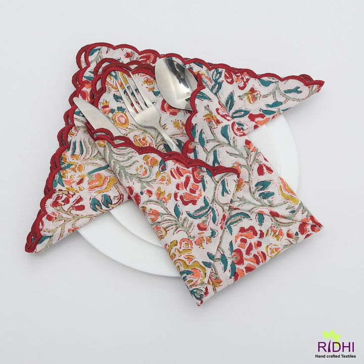 Sangria Red and Ginger Orange Scallop Embroidery Napkins