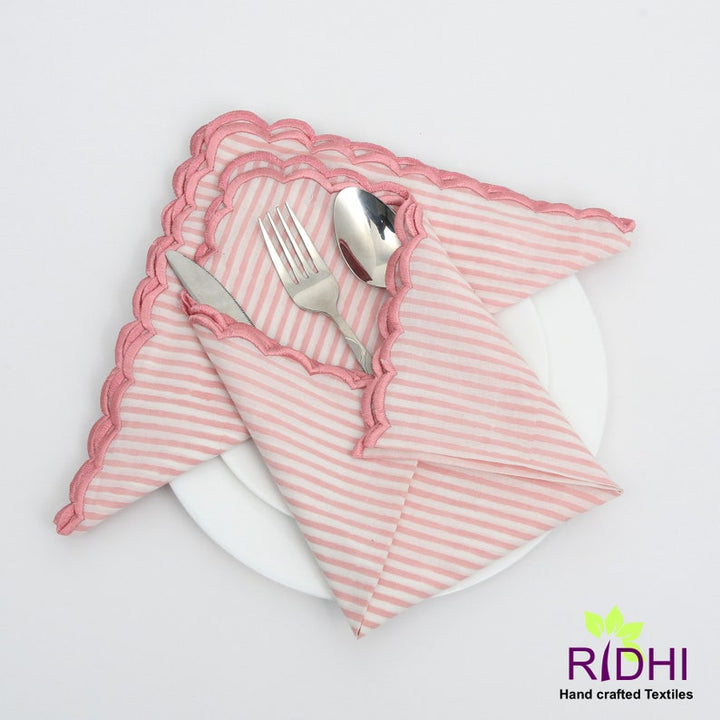 Pink Stripes Scallop Embroidery Napkins