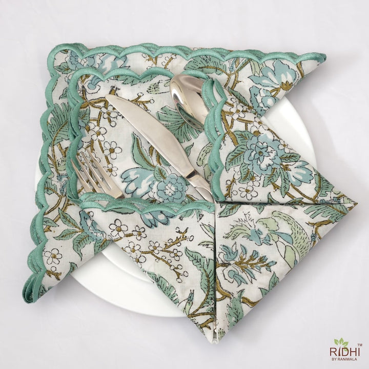 Russian Green, Peanut Brown Scallop Embroidery Napkins