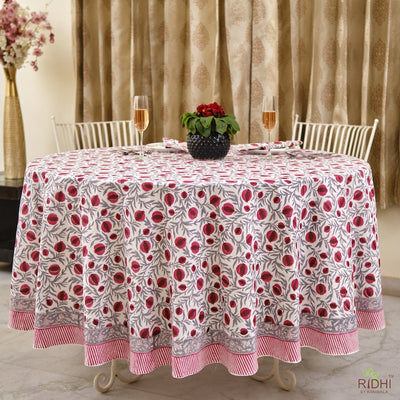 Fabricrush Sangria Red, Cerise Pink Hand Block Floral Printed Round Tablecloth, Table Cover, Wedding
