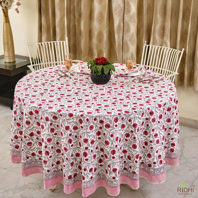 Fabricrush Sangria Red, Cerise Pink Hand Block Floral Printed Round Tablecloth, Table Cover, Wedding