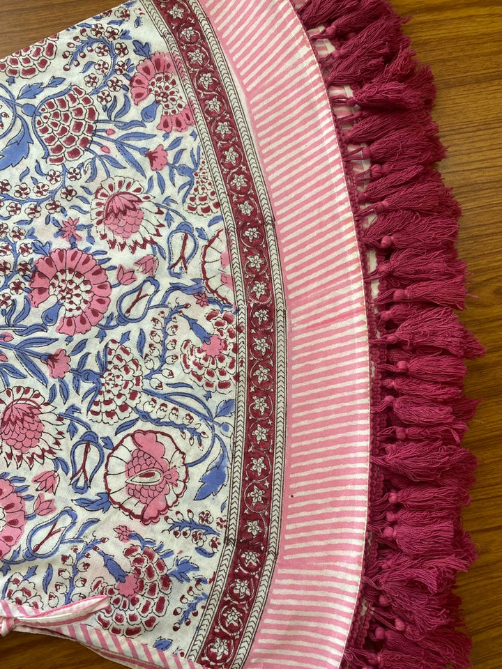 Pigeon Blue, Flamingo Pink Christmas Tree Skirt with Pom Pom Lace