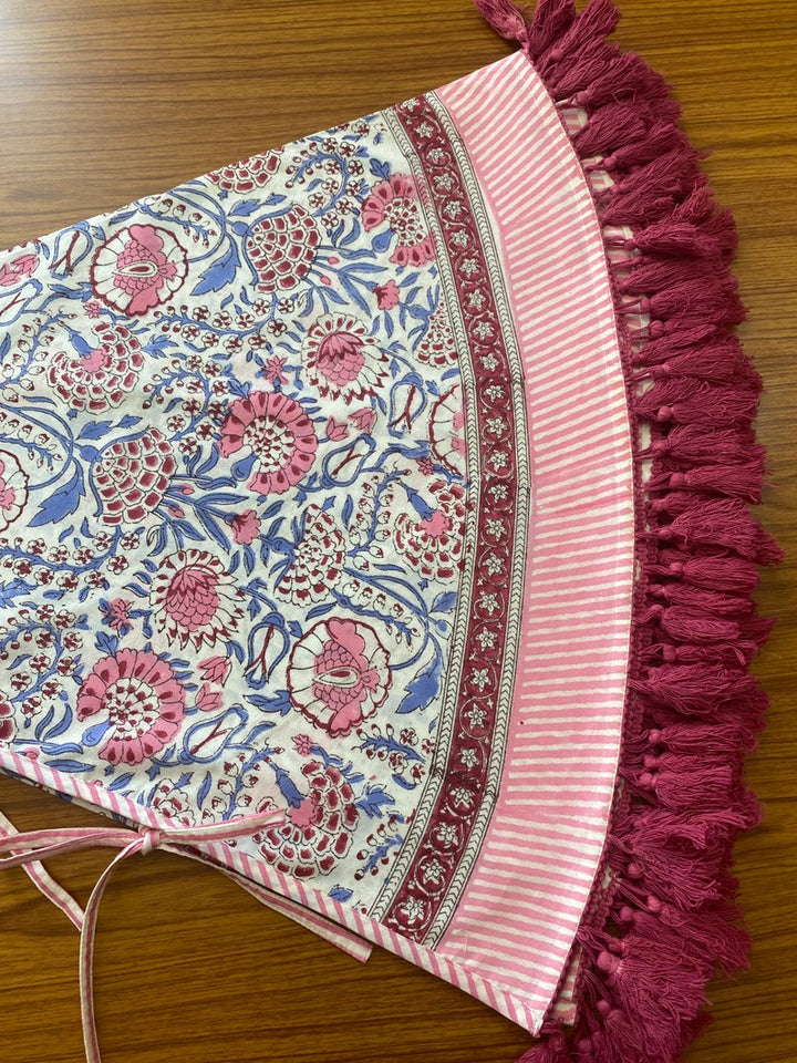Pigeon Blue, Flamingo Pink Christmas Tree Skirt with Pom Pom Lace