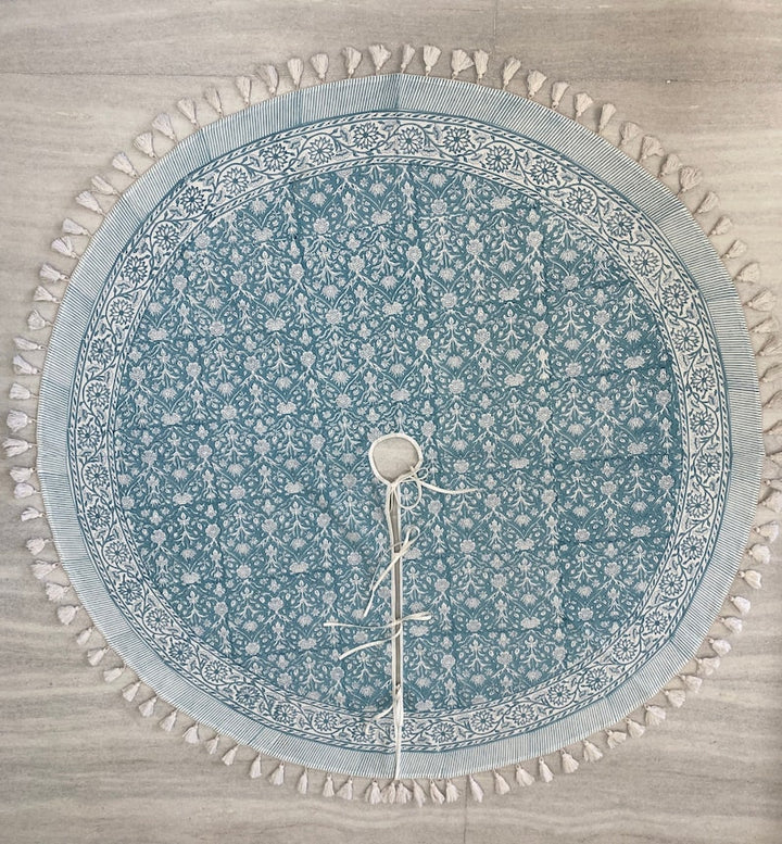 Teal and White Indian Floral Hand Block Printed 100% Pure Cotton Cloth Christmas Tree Skirt With Pom Pom, Farmhouse Outdoor Home Party , Gift for her, gifts