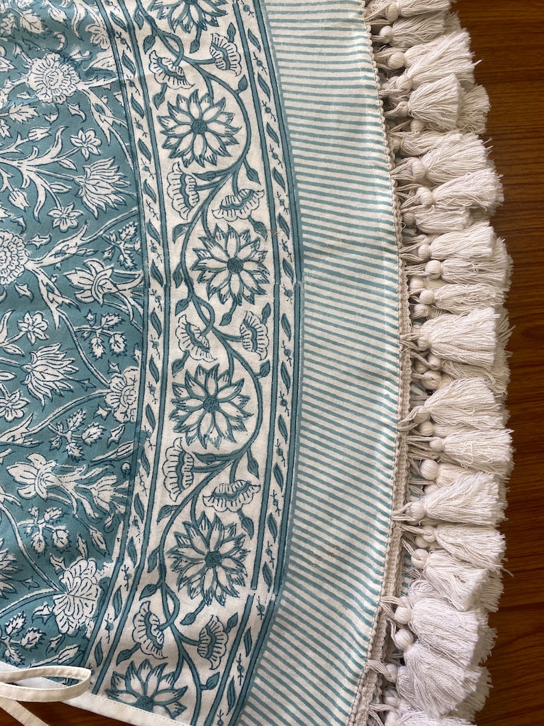 Teal and White Indian Floral Hand Block Printed 100% Pure Cotton Cloth Christmas Tree Skirt With Pom Pom, Farmhouse Outdoor Home Party , Gift for her, gifts