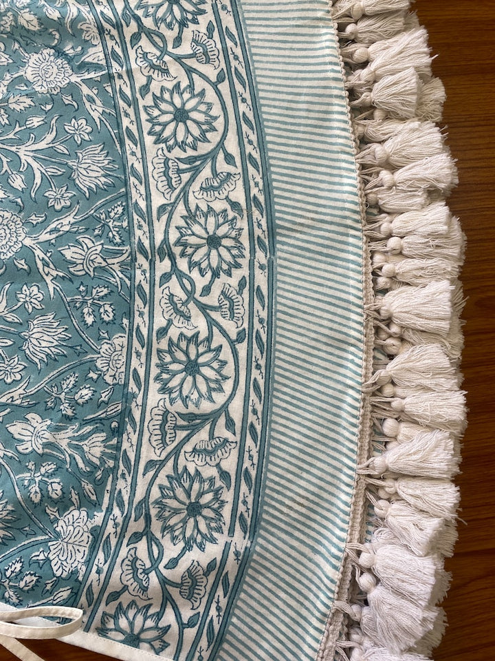 Teal and White Indian Floral Hand Block Printed 100% Pure Cotton Cloth Christmas Tree Skirt With Pom Pom, Farmhouse Outdoor Home Party , Gift for her, gifts
