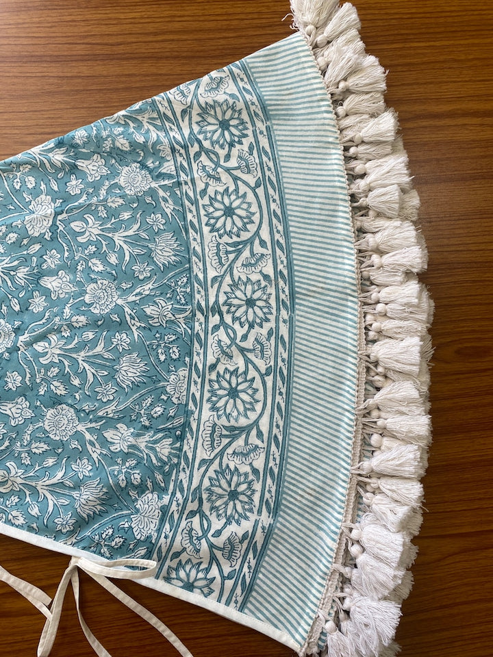 Teal and White Indian Floral Hand Block Printed 100% Pure Cotton Cloth Christmas Tree Skirt With Pom Pom, Farmhouse Outdoor Home Party , Gift for her, gifts