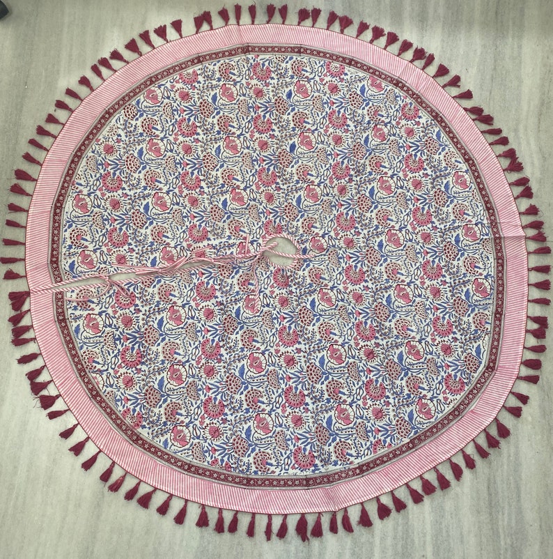 Pigeon Blue, Flamingo Pink Christmas Tree Skirt with Pom Pom Lace