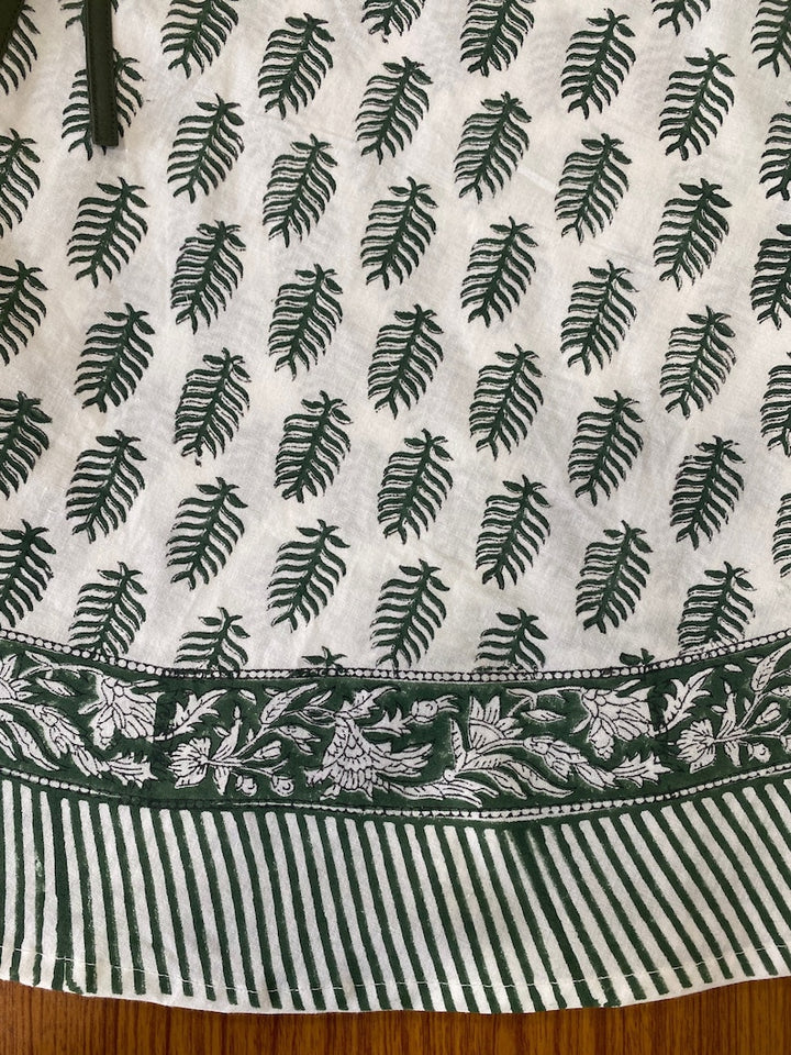 Juniper Green, White Indian Leaf Print Christmas Tree Skirt