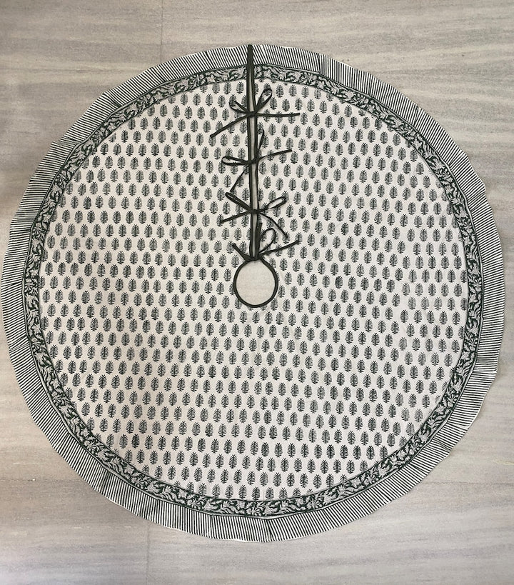 Juniper Green, White Indian Leaf Print Christmas Tree Skirt