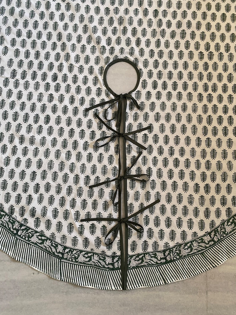 Juniper Green, White Indian Leaf Print Christmas Tree Skirt