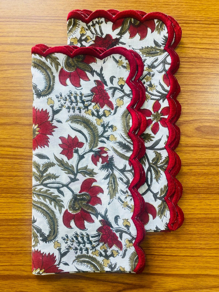 Prune Red, Army Green Scallop Embroidery Napkins