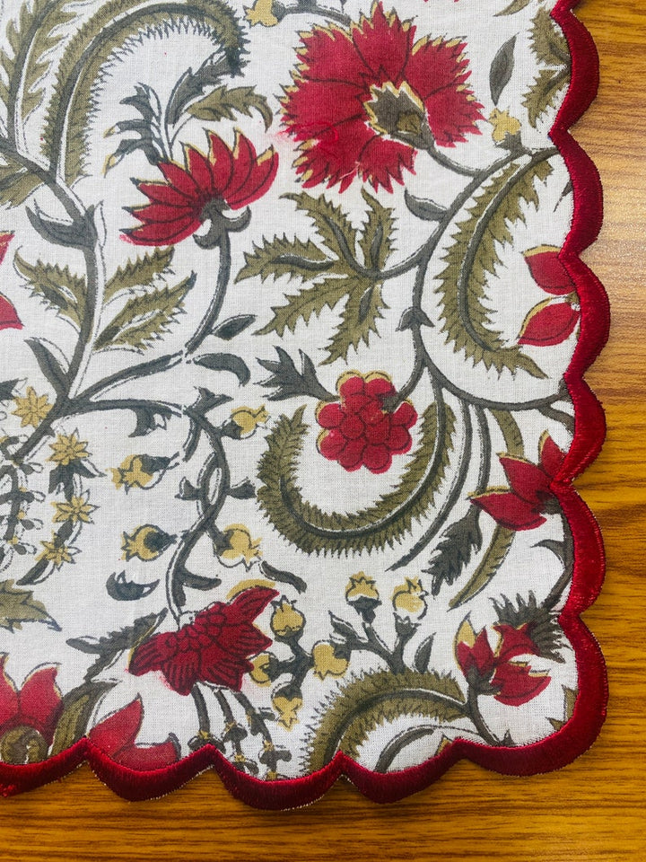 Prune Red, Army Green Scallop Embroidery Napkins