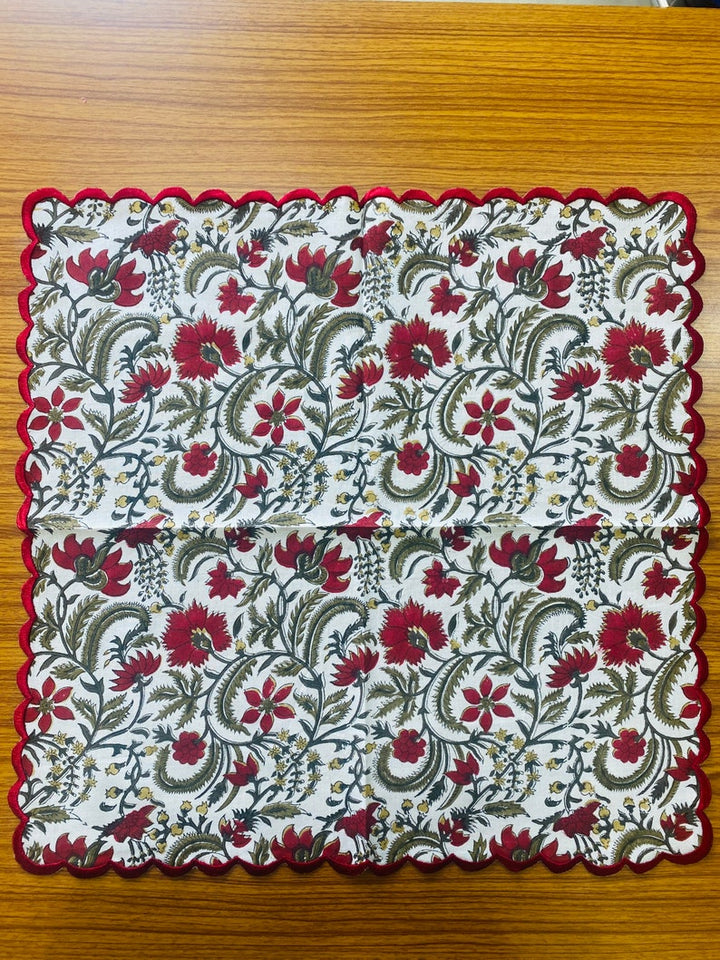 Prune Red, Army Green Scallop Embroidery Napkins