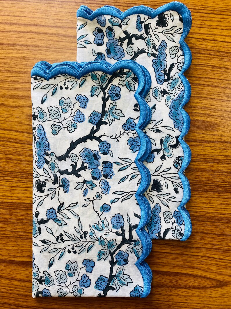 Spruce, Carolina and Powder Blue Scallop Embroidery Napkins