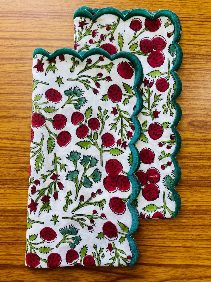 Garnet Red & Cherry Print Scallop Embroidery Napkins
