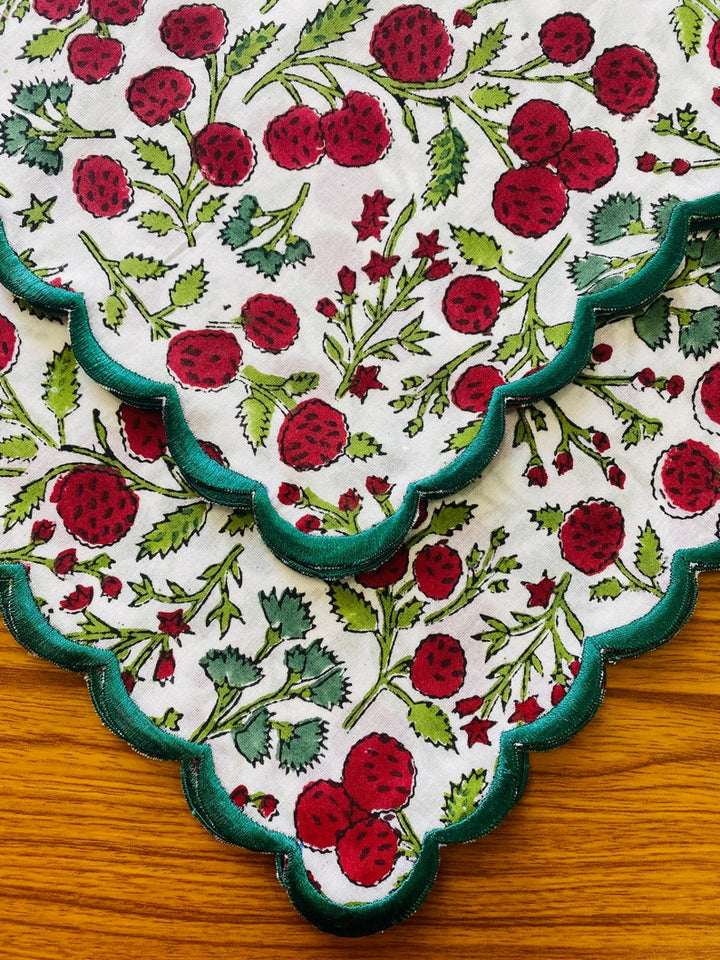 Garnet Red & Cherry Print Scallop Embroidery Napkins