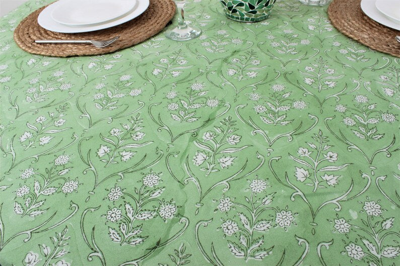 Fabricrush Pear Green Round Tablecloth, Indian Hand Block Printed Floral Pure Cotton Cloth, Table cover, Wedding Home Event Restaurant Outdoor Holiday