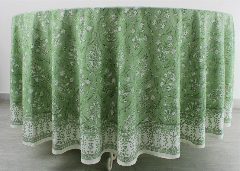 Fabricrush Pear Green Round Tablecloth, Indian Hand Block Printed Floral Pure Cotton Cloth, Table cover, Wedding Home Event Restaurant Outdoor Holiday