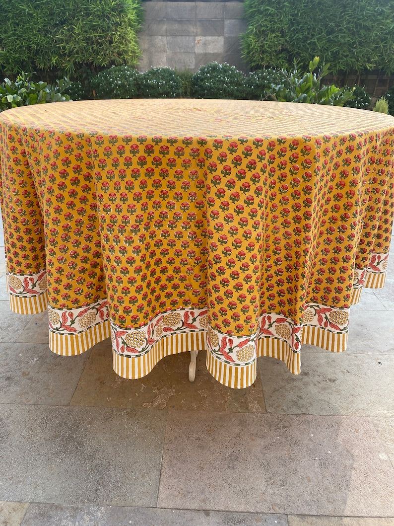Fabricrush Yellow and Pink Round Tablecloth, Indian Floral Hand Block Printed Cotton Cloth Table cover, Wedding Home Decor Event Farmhouse Table Linen
