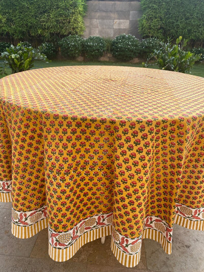 Fabricrush Yellow and Pink Round Tablecloth, Indian Floral Hand Block Printed Cotton Cloth Table cover, Wedding Home Decor Event Farmhouse Table Linen