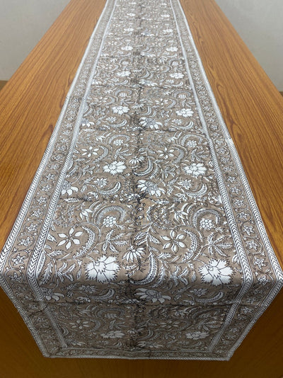 Fabricrush Taupe Colour Indian Floral Hand Block Printed 100% Pure Cotton Cloth Table Runner, Table Top, Dinning Table Decor, Wedding Home Decor Gifts