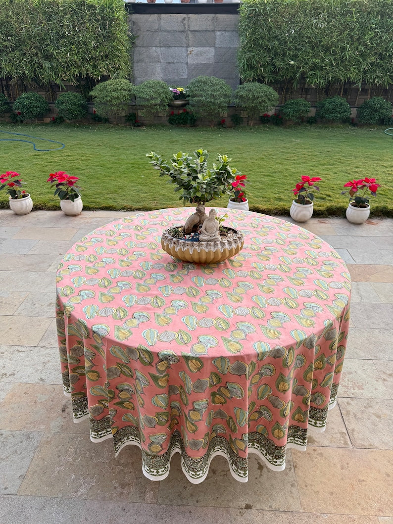 Fabricrush Salmon Pink Round Tablecloth, Indian Floral Hand Block Printed Cotton Cloth Table cover, Wedding Events Home Party Overlays Dry Bar Covers
