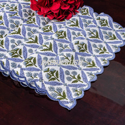 Fabricrush Light Steel Blue, 100% Cotton Hand Block Print Embroidered Scallop Table Runner for easter Wedding Party