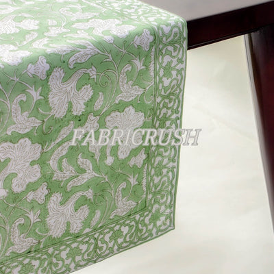 Fabricrush Sage Green and White Indian Floral Hand Block Printed Pure Cotton Cloth Table Runner