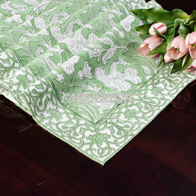 Fabricrush Sage Green and White Indian Floral Hand Block Printed Pure Cotton Cloth Table Runner