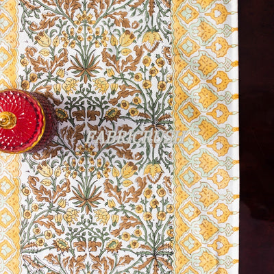 Fabricrush Goldenrod Yellow, Fern Green, Peanut Brown Indian Floral Hand Block Printed Cotton Table Runner, Wedding Decor