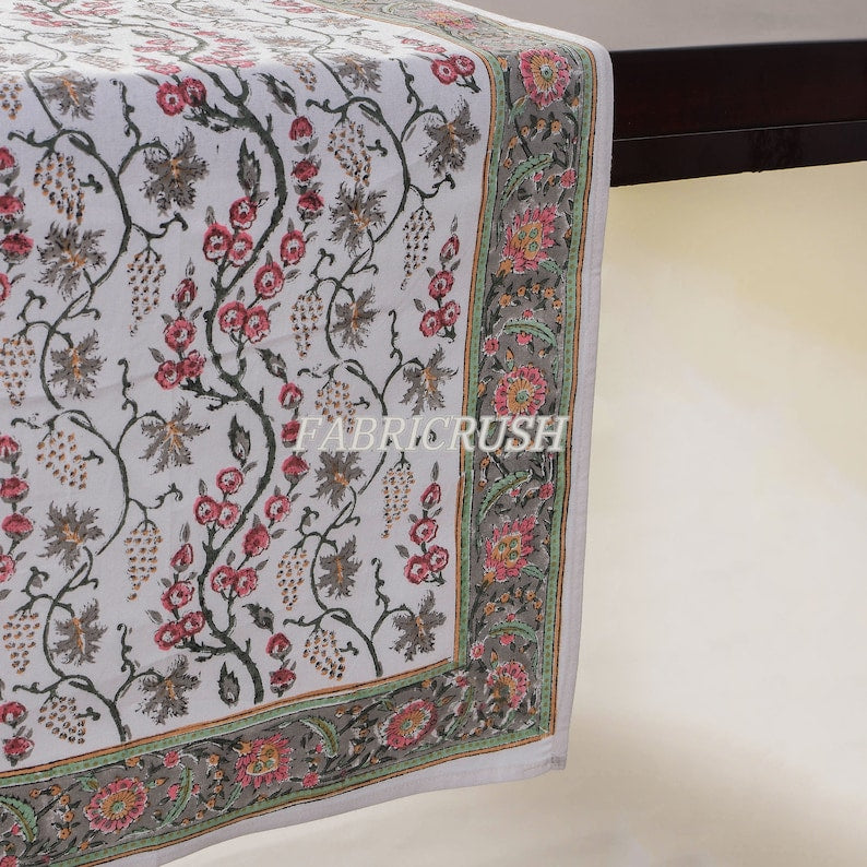 Fabricrush Coral Pink, Hunter Green Indian Floral Hand Block Printed Cotton Cloth Table Runner for Wedding Home Decor