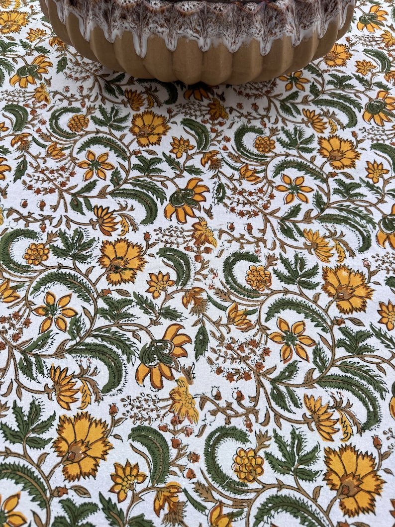 Fabricrush Round Tablecloth, Indian Hand Block Floral Printed Table Cover 100% Cotton Fabric, Vintage French Tablecloth